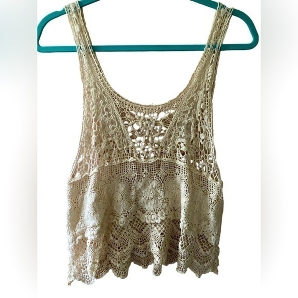 Issi women’s crochet lace off white ecru tank top size s/m festival boho coastal